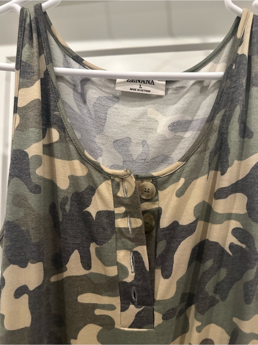 Zenana Outfitters Sleeveless Camouflage Drawstring Jumpsuit - Olive & Beige - Picture 2 of 4